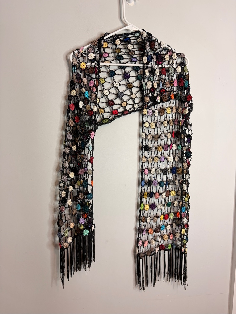 Y2K Cocoon House Handmade Black Crochet Floral Scarf Beaded Multicolor Festival